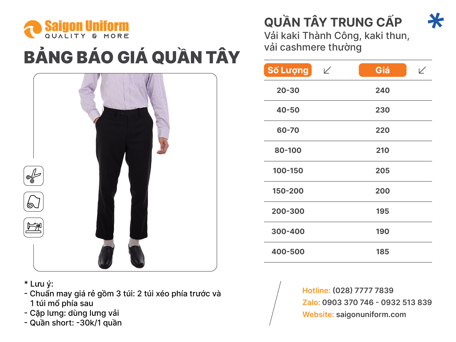 Bảng giá quần tây công sở