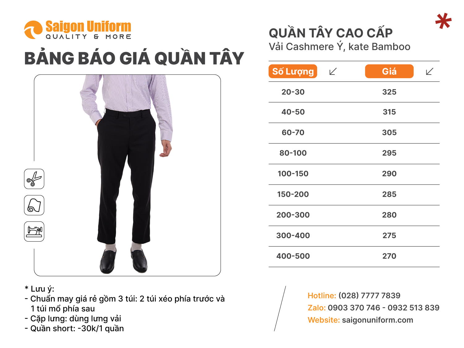 Bảng giá quần tây công sở