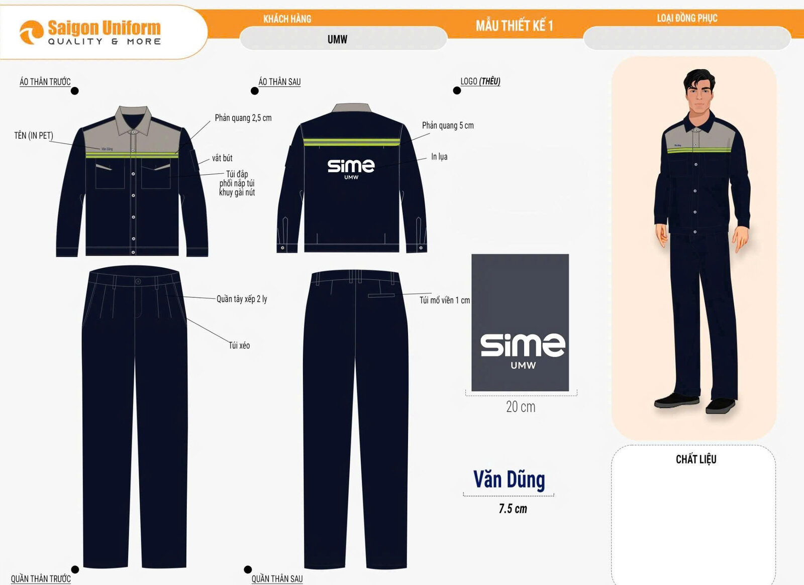 Mẫu thiết kế đồng phục bảo hộ lao động UMW màu xanh navy phối xám, phản quang, thêu logo SIME