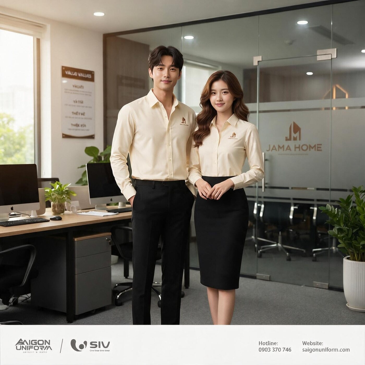 Nhân viên nam nữ Jama Home mặc đồng phục sơ mi công sở màu vàng mỡ gà do Saigon Uniform may