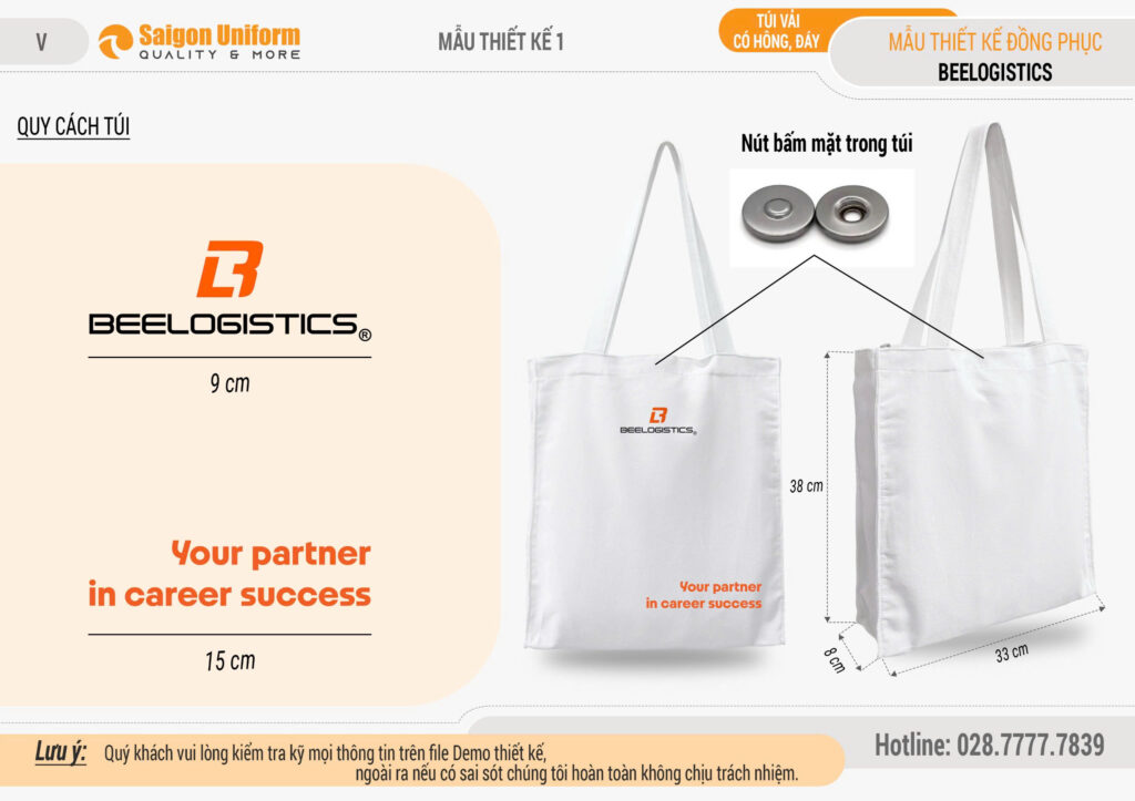 May in túi tote canvas quà tặng cho công ty Bee Logistics, in lụa logo và có nút bấm khoá túi