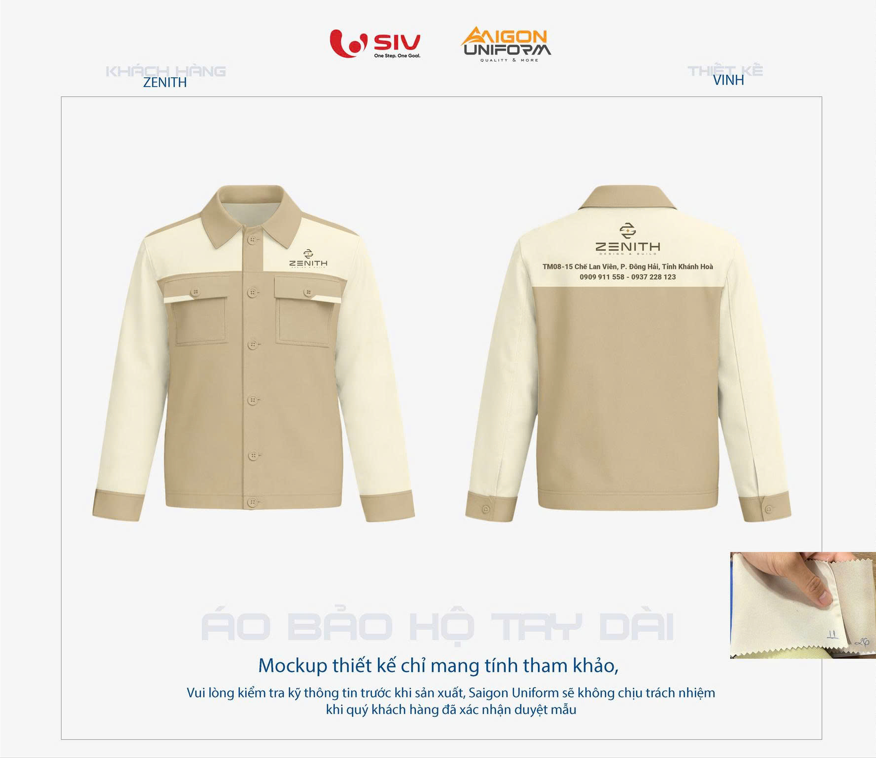 Áo bảo hộ lao động tay dài Zenith, phối kem be, in logo ngực và lưng