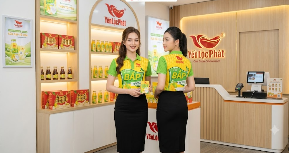 Nhân viên Yến Lộc Phát mặc áo polo đồng phục tại quầy